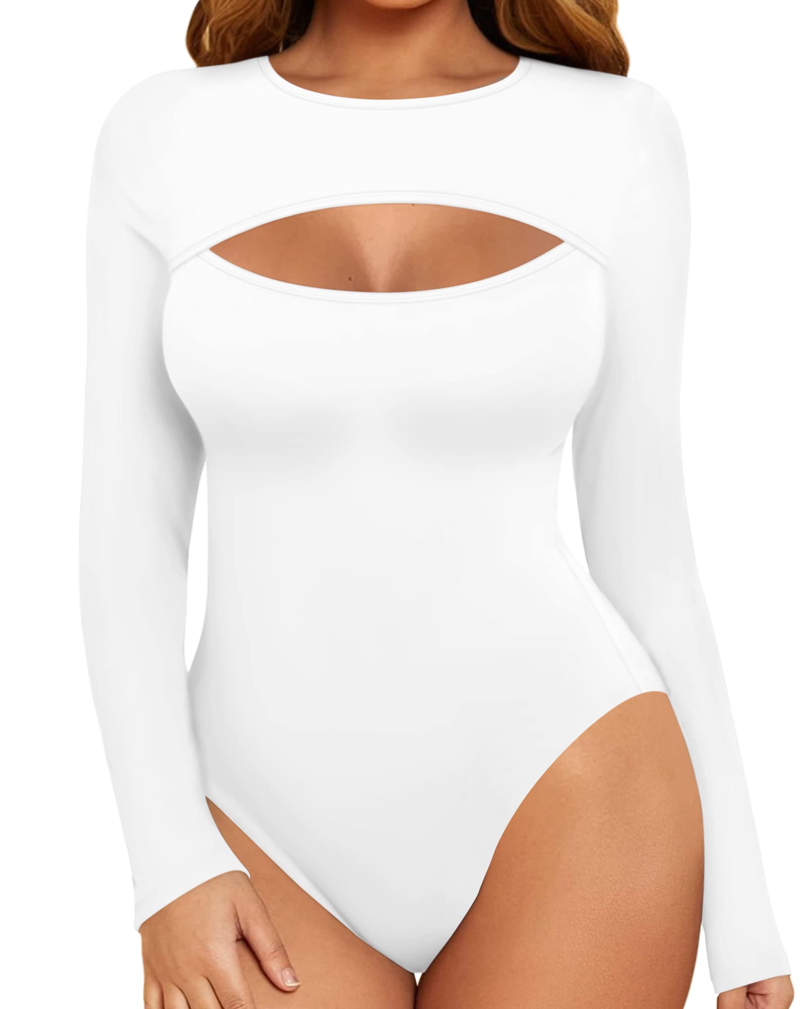 トップス josemoon SHEER BODY SUITS MANGOPOP Womens Long Sleeve Bodysuit Sexy Front Cutout Round
